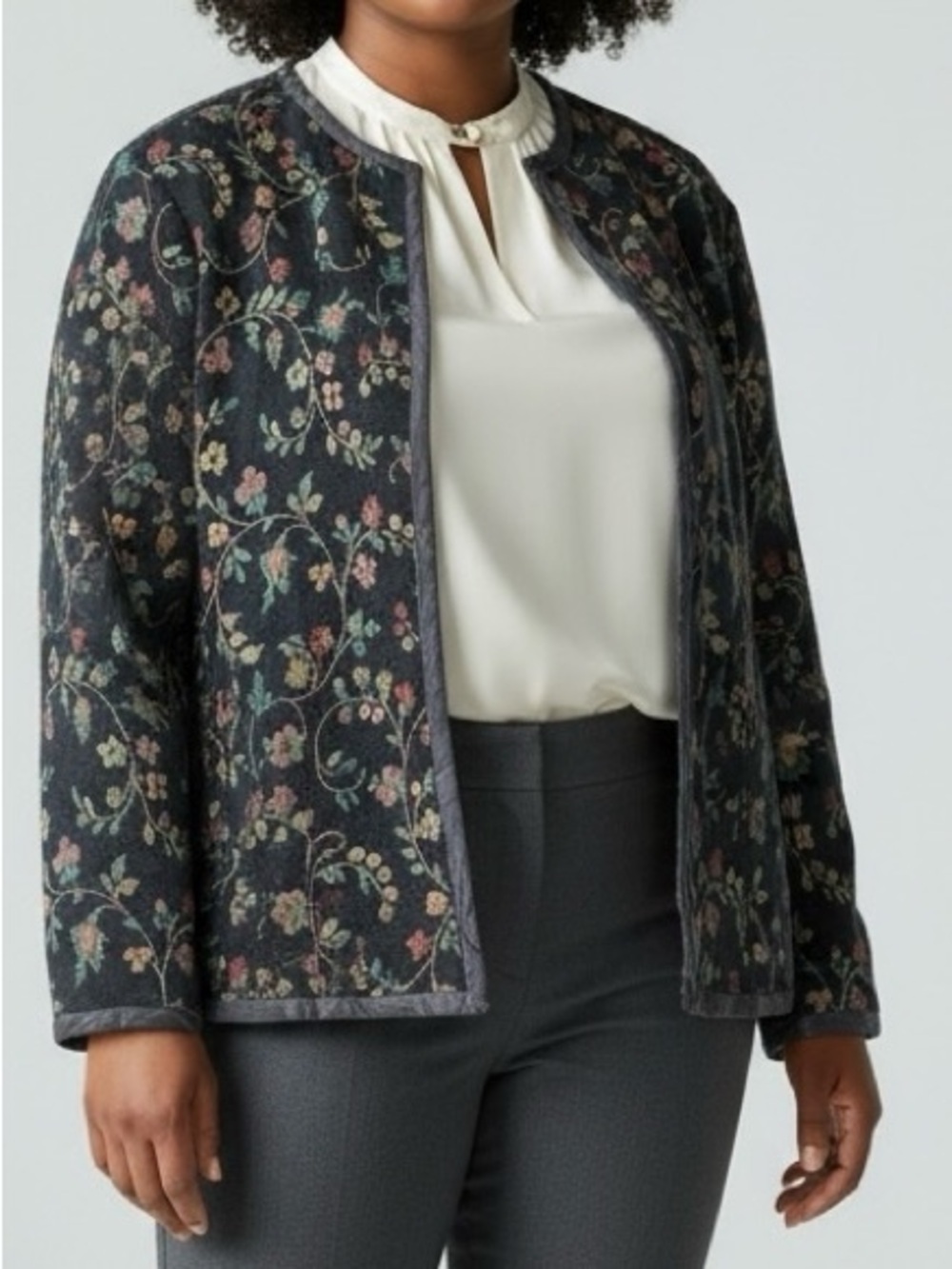 Art to Wear Vintage  NWOT Floral Embroidered Open-Front Jacket Black Floral Rare